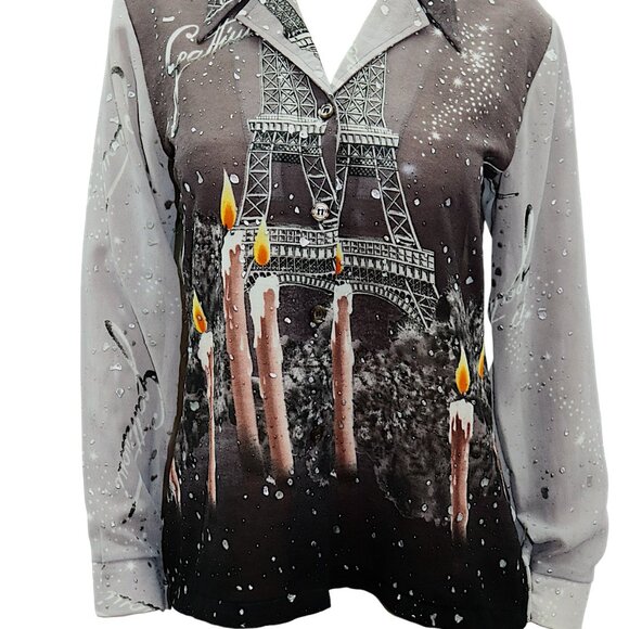 VINTAGE Eiffel Tower Candle Print Button FRONT Long Sleeve Blouse 3D CANDLE wax - Picture 1 of 8
